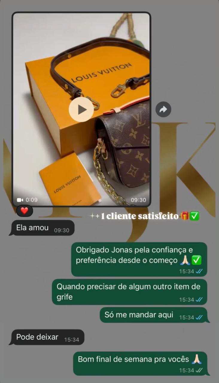 Feedback de cliente da MSK Grifes em conversa de WhatsApp: vídeo da peça recebida com caixa e cliente agradecendo pela confiança